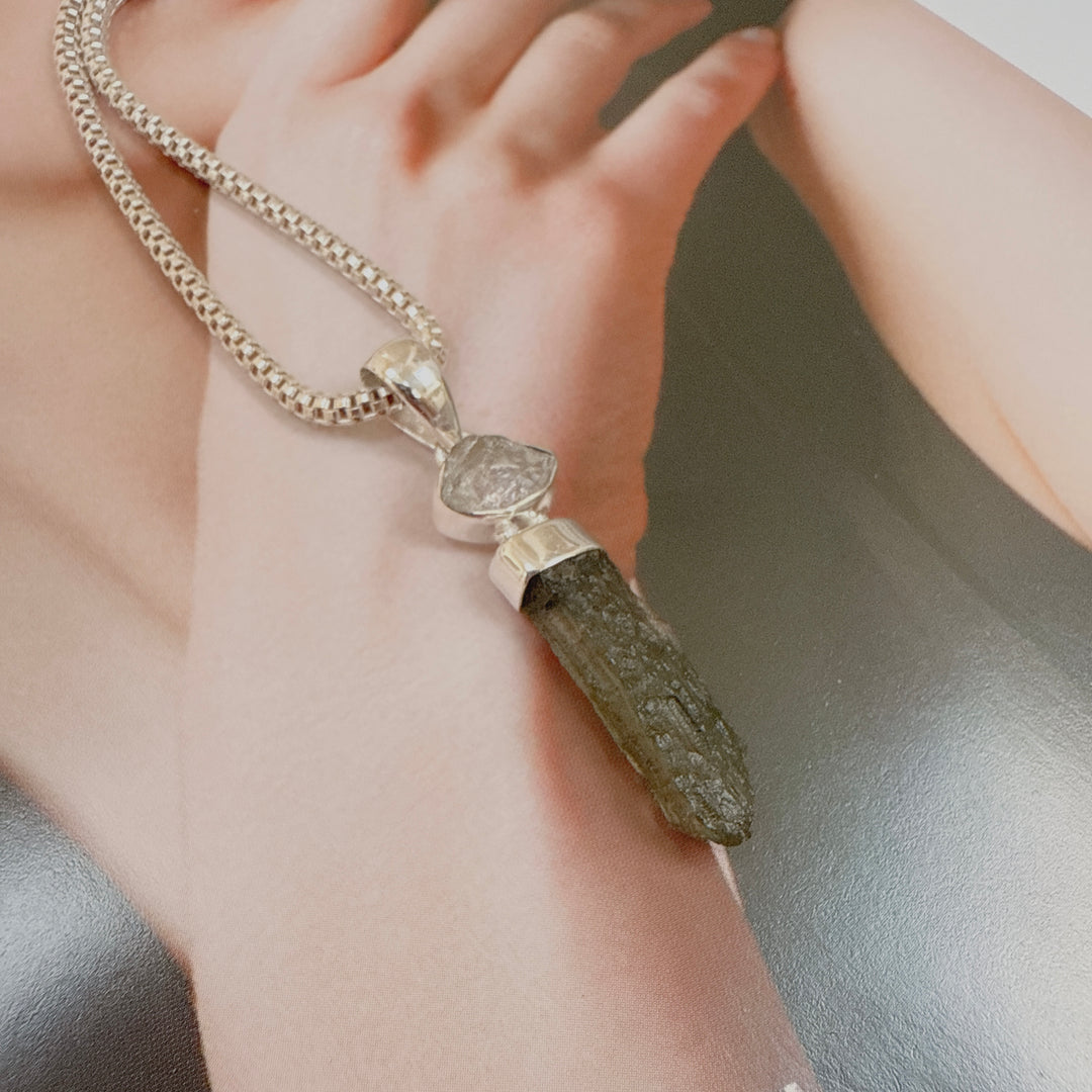 MOLDAVITE & HERKEMIR DIAMOND PENDANT