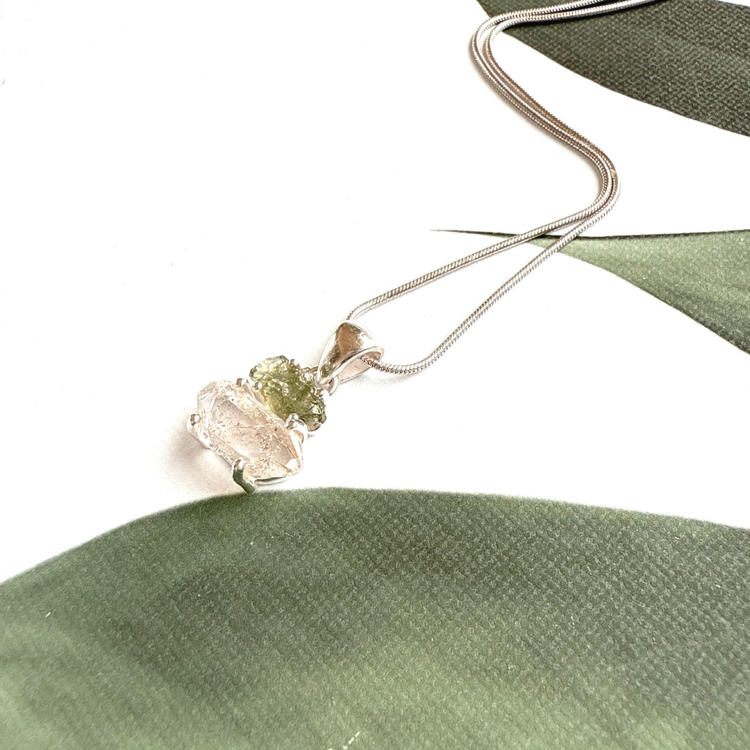 MOLDAVITE & HERKEMIER DIAMOND PENDANT