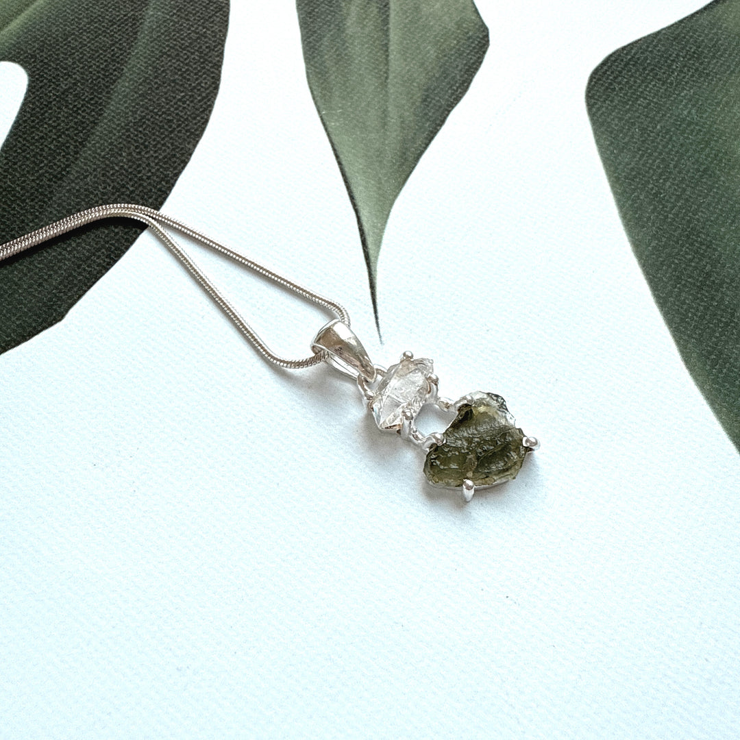 Moldavite & Herkimer Pendant