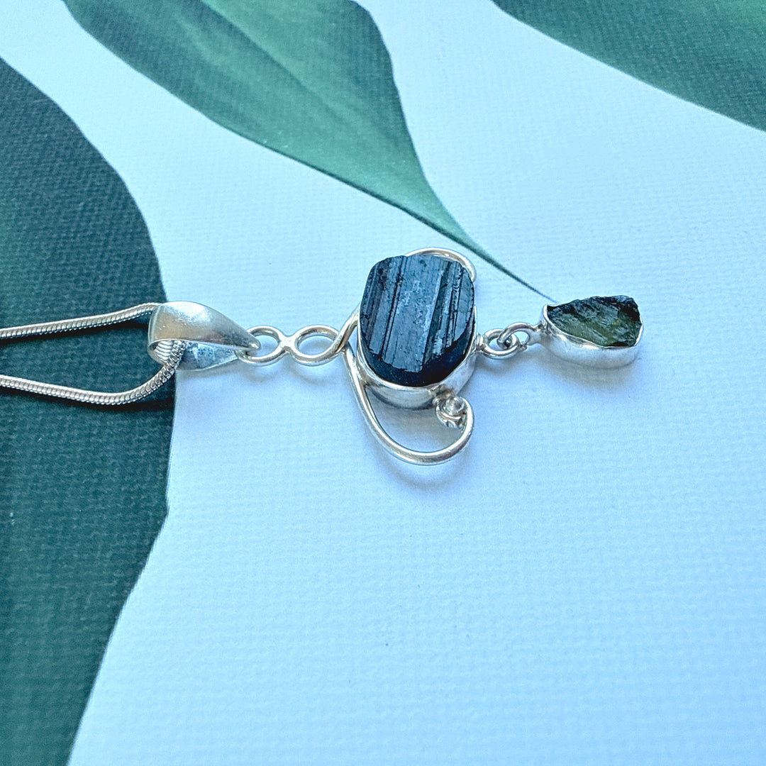 MOLDAVITE & BLACK TOURMALINE PENDANT
