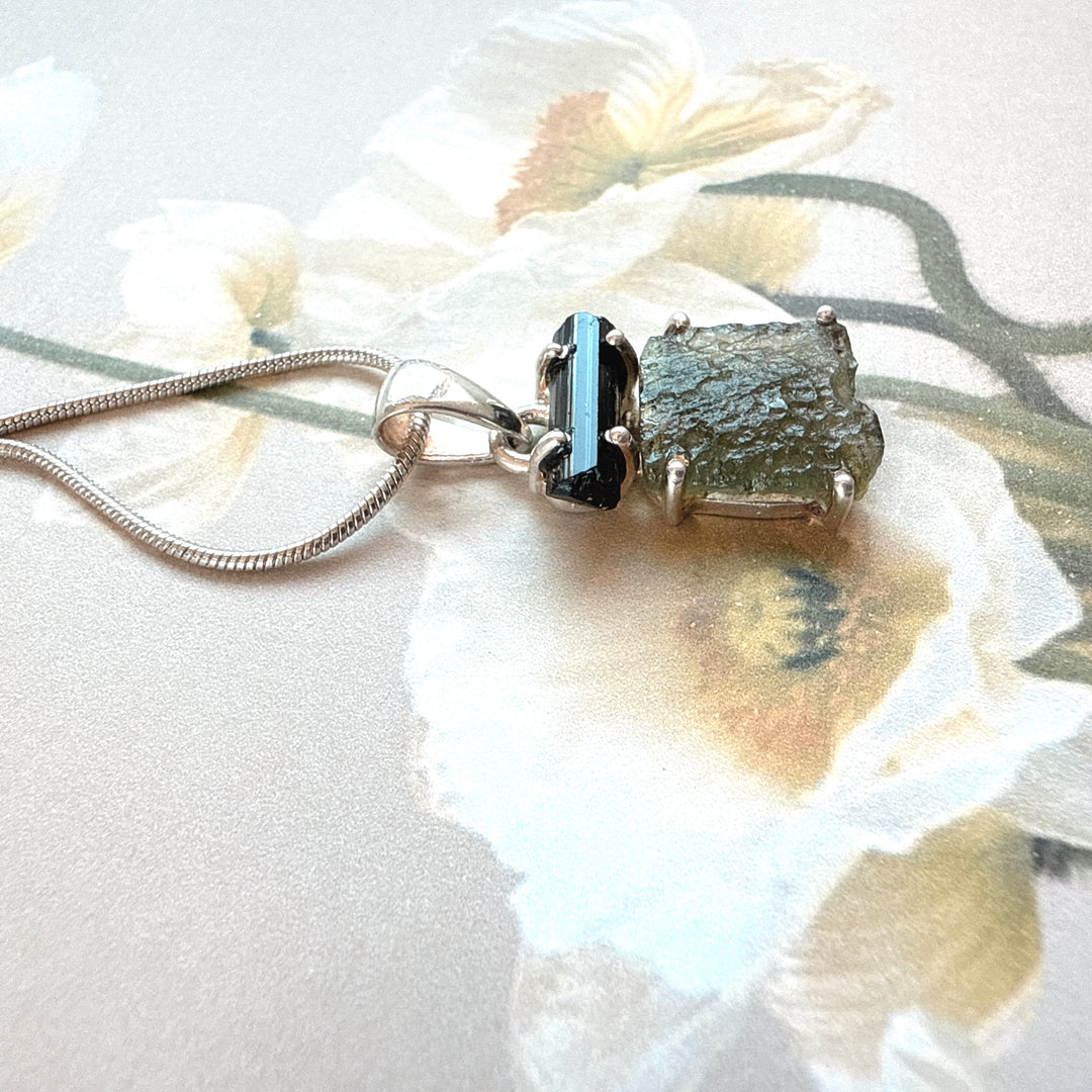 MOLDAVITE & BLACK TOURMALINE PENDANT
