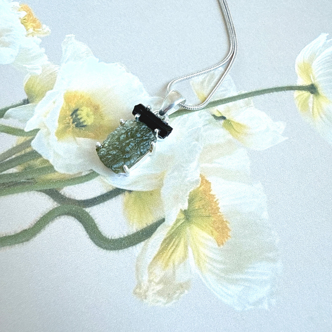 MOLDAVITE & BLACK TOURMALINE PENDANT