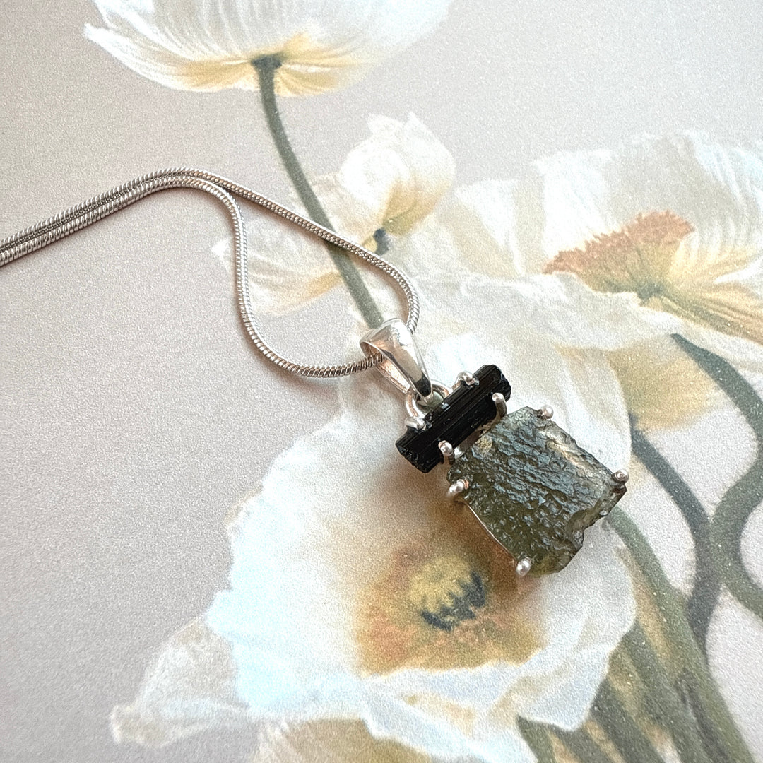 MOLDAVITE & BLACK TOURMALINE PENDANT