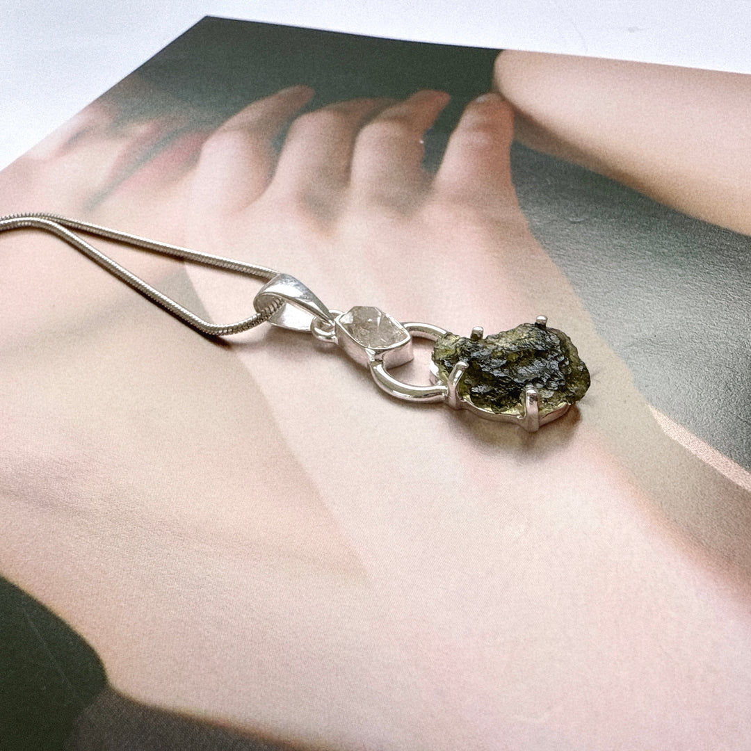 Moldavite & Herkimer Pendant