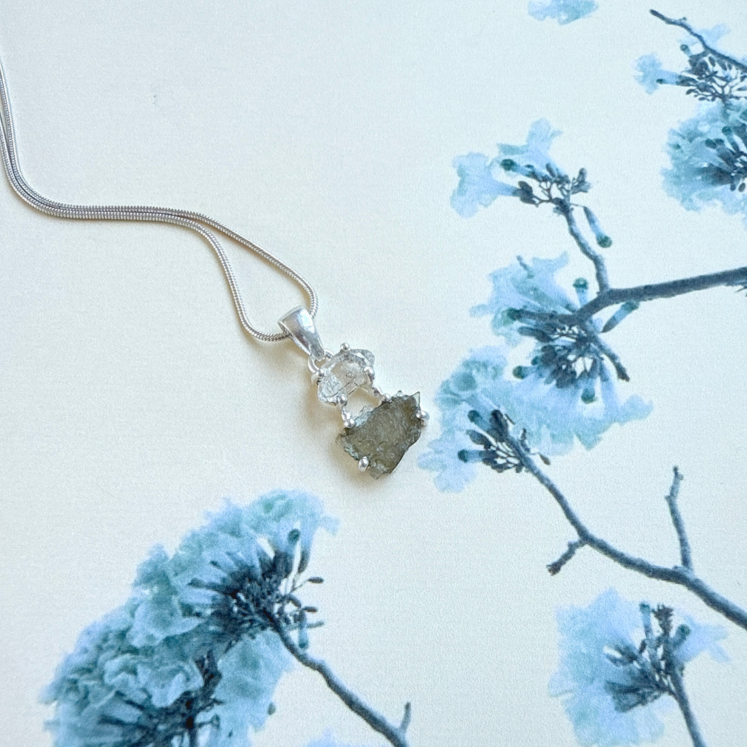 MOLDAVITE & HERKEMIER DIAMOND PENDANT