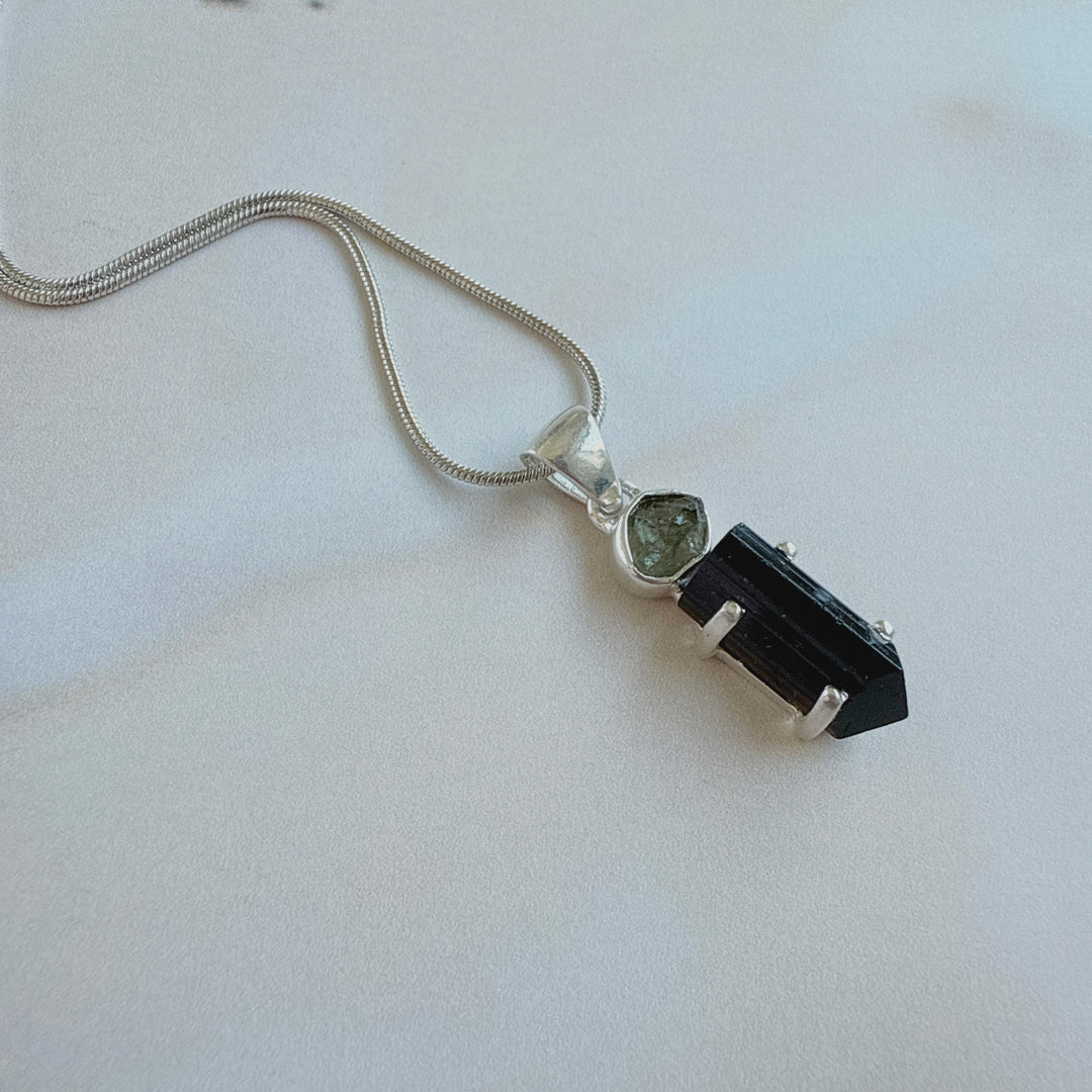 MOLDAVITE & BLACK TOURMALINE PENDANT