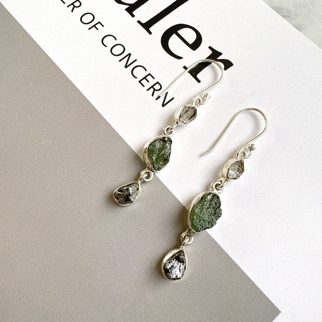 Moldavite, Campo Del Cielo & Herkimer Diamond Earrings