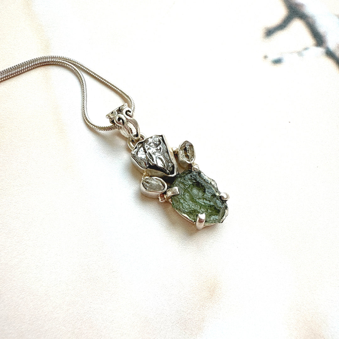 MOLDAVITE, HERKIMER DIAMOND, METEORITE CAMPO DEL CIELO PENDANT