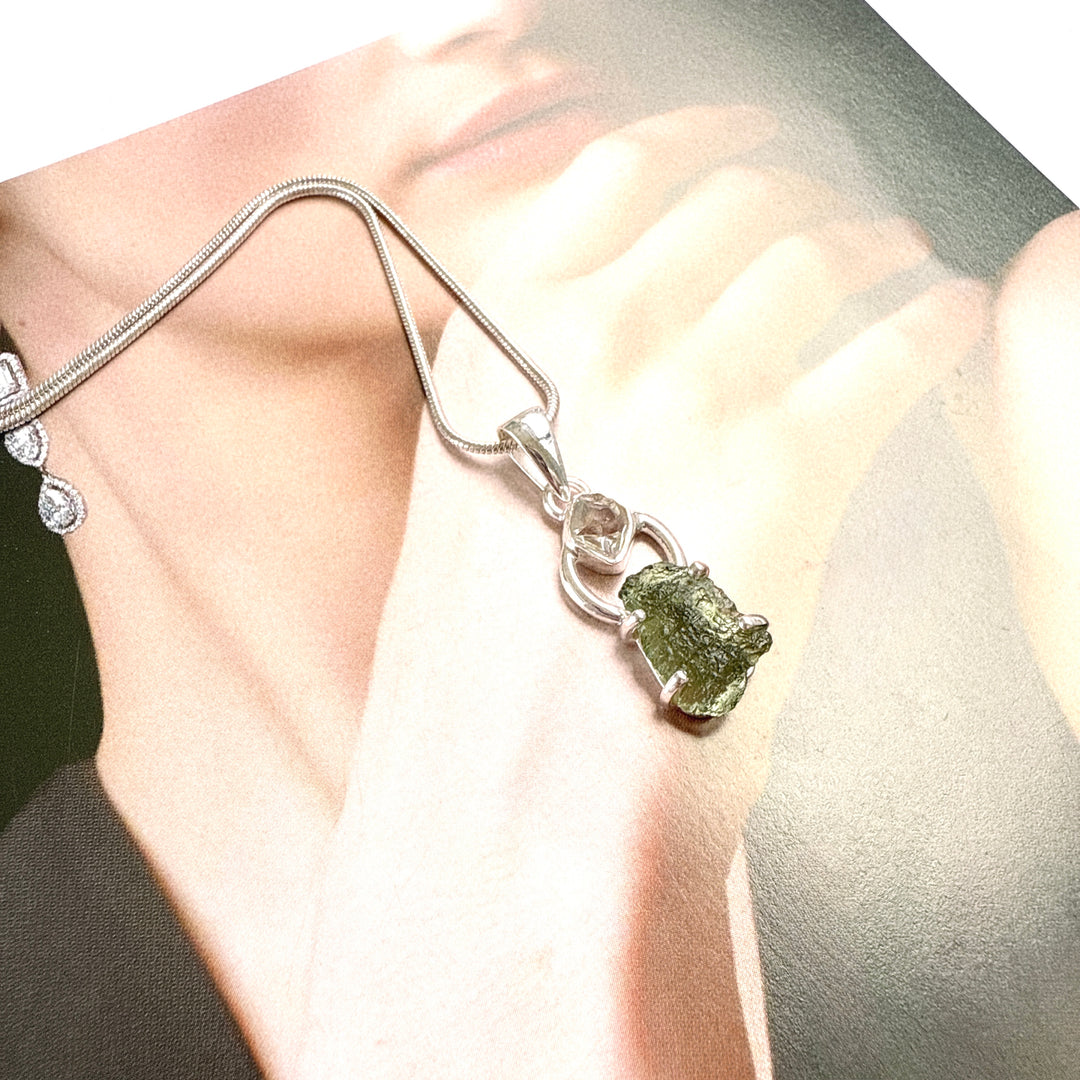 Moldavite & Herkimer Pendant