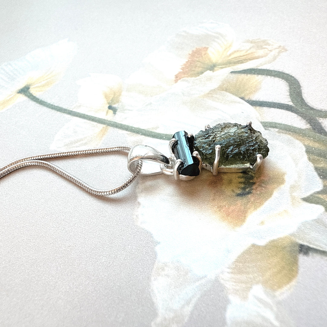 MOLDAVITE & BLACK TOURMALINE PENDANT