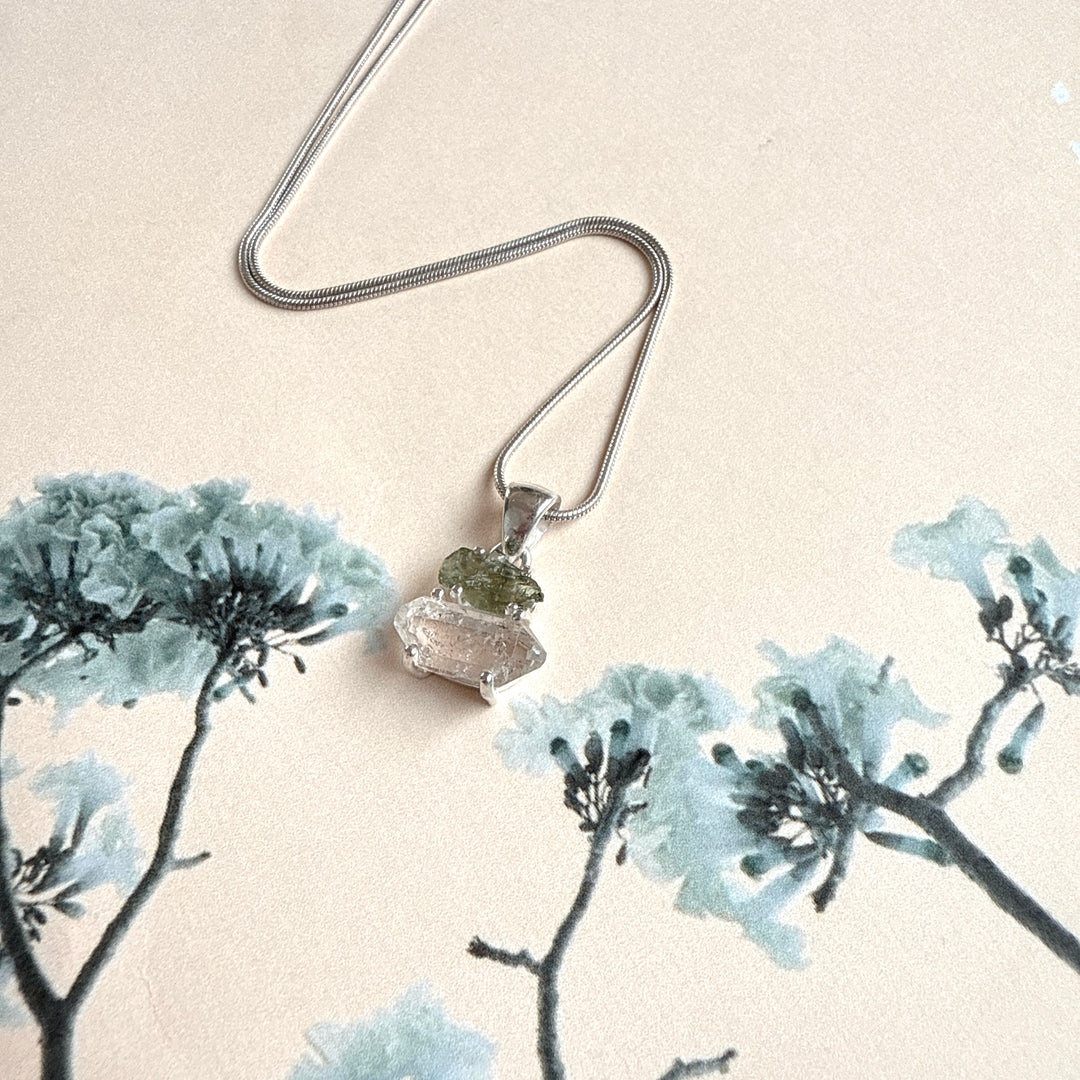 MOLDAVITE & HERKEMIER DIAMOND PENDANT