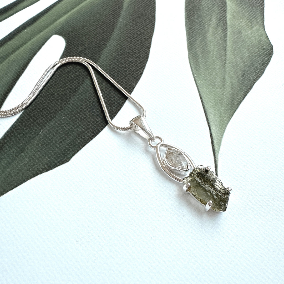 MOLDAVITE & HERKEMIER DIAMOND PENDANT