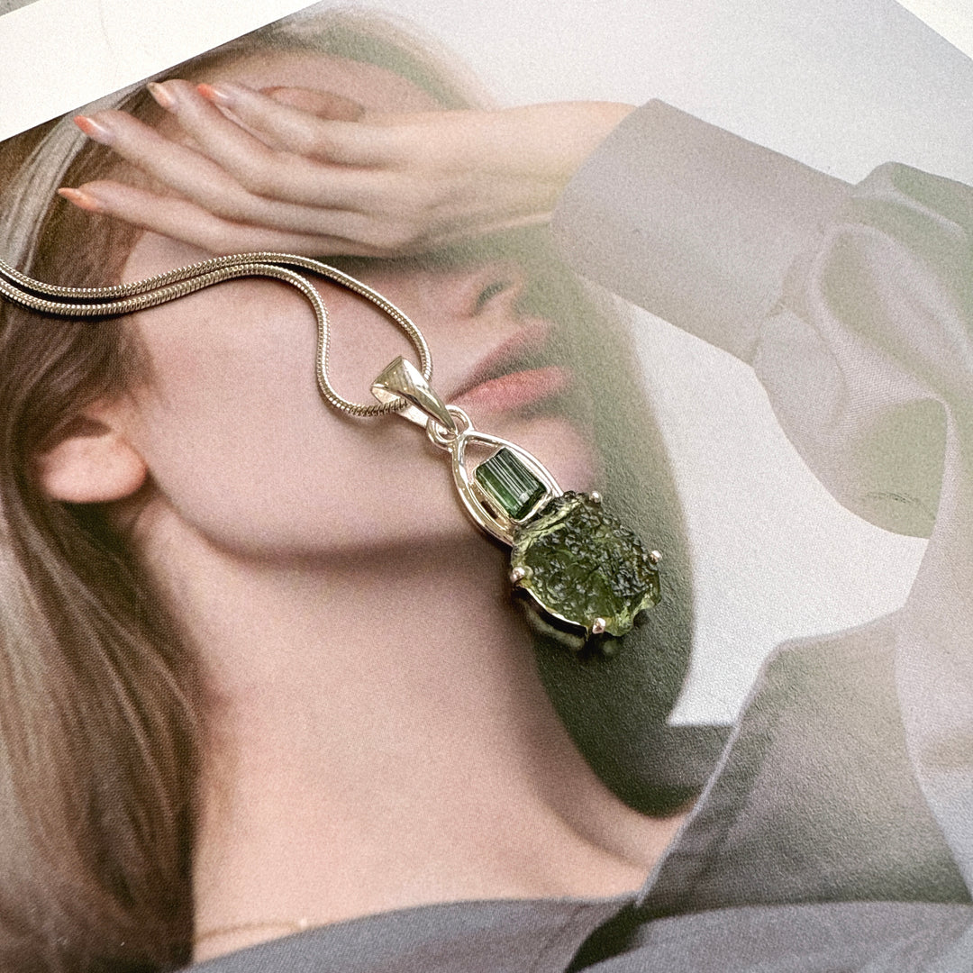 Moldavite & Green Tourmaline Pendant