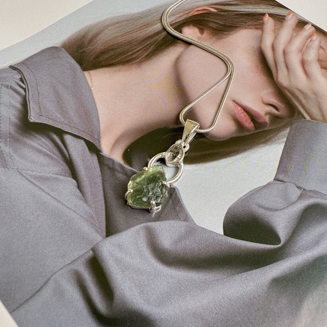 Moldavite & Herkimer Pendant