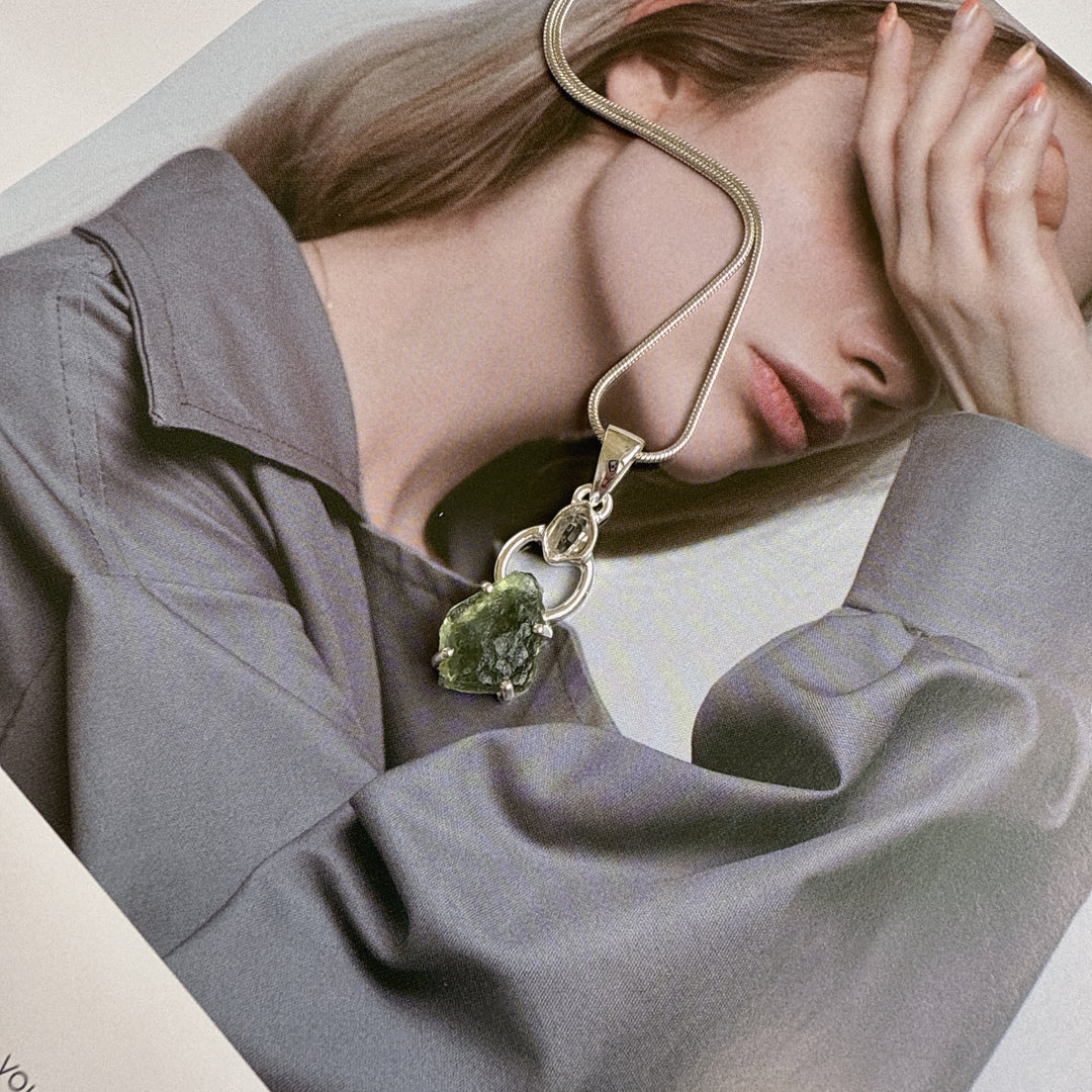 Moldavite & Herkimer Pendant