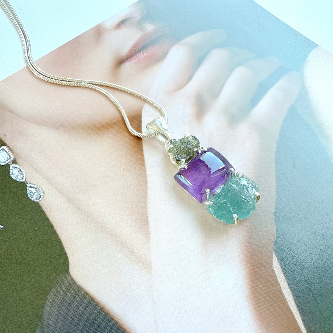 Moldavite,
Amethyst & Neon Blue Apatite Pendant
