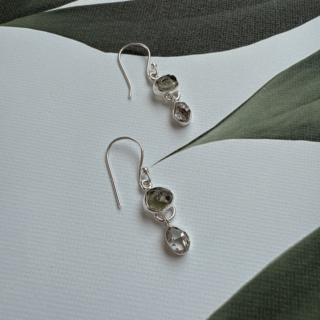 Moldavite & Herkemir Diamond Earrings