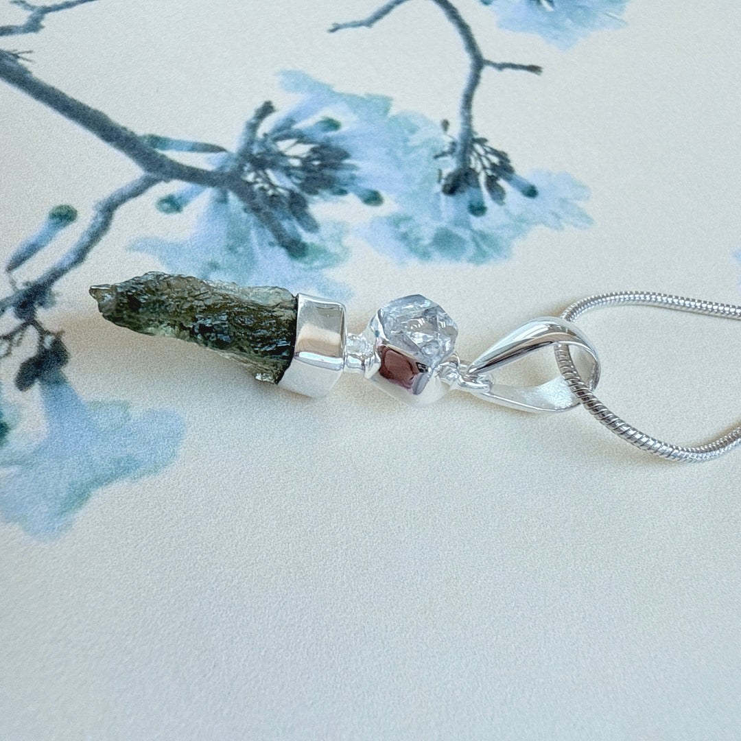 MOLDAVITE & HERKEMIR DIAMOND PENDANT