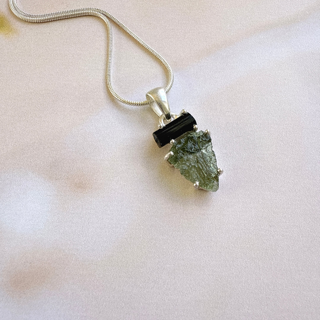 MOLDAVITE & BLACK TOURMALINE PENDANT