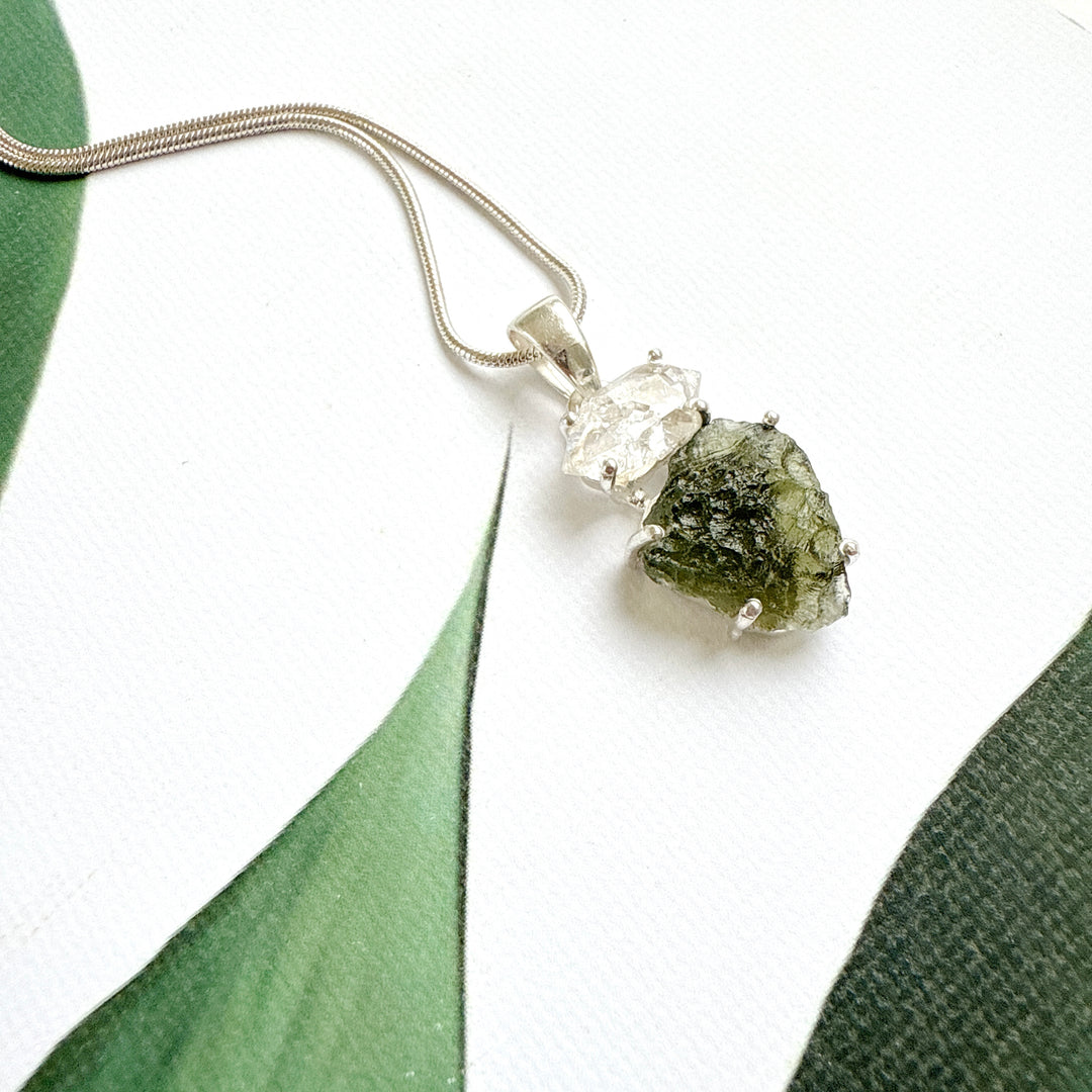 MOLDAVITE & HERKEMIER DIAMOND PENDANT