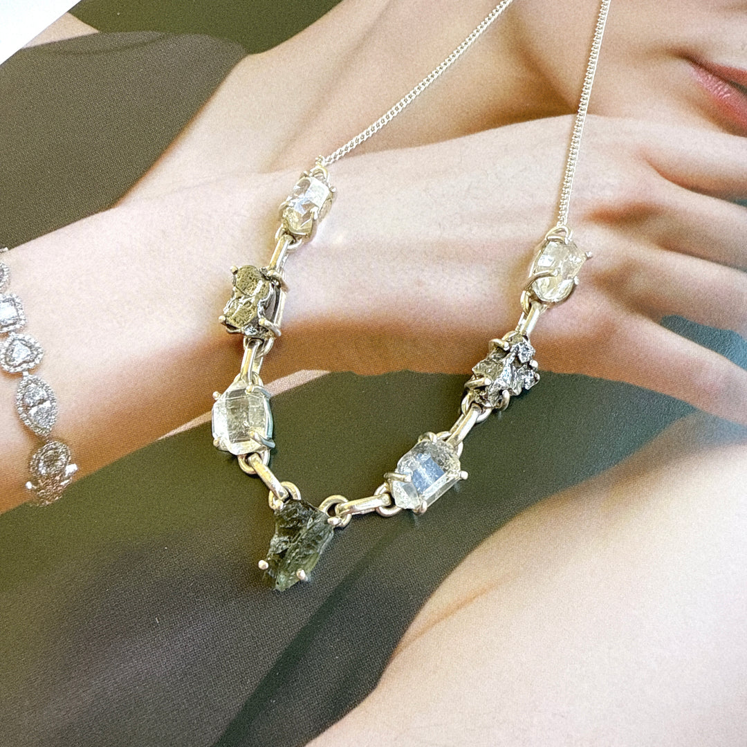 Moldavite, Herkimer Diamond & Meteorite Campo Del Cielo Necklace