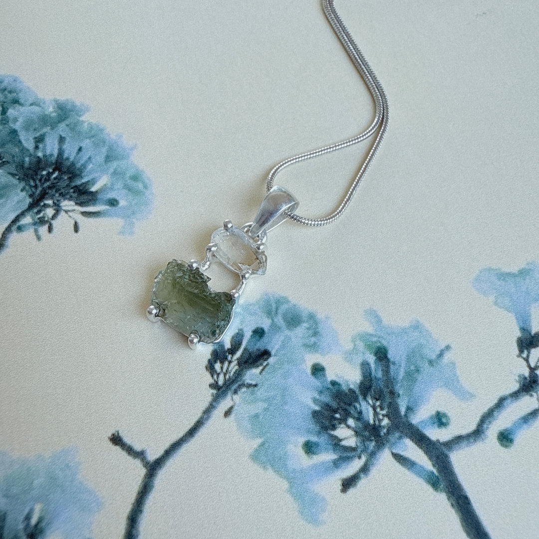 MOLDAVITE & HERKEMIER DIAMOND PENDANT