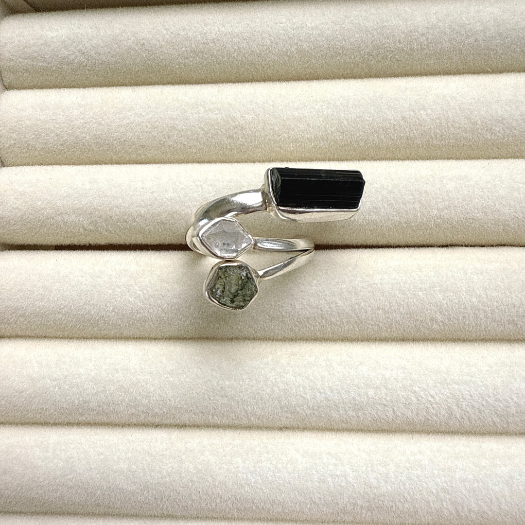 Moldavite, Herkimer & Black Tourmaline Ring