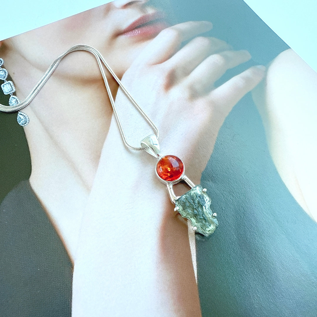MOLDAVITE & BALTIC AMBER PENDANT