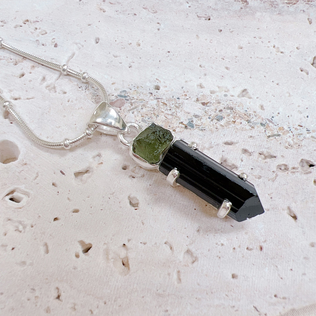 MOLDAVITE & BLACK TOURMALINE PENDANT