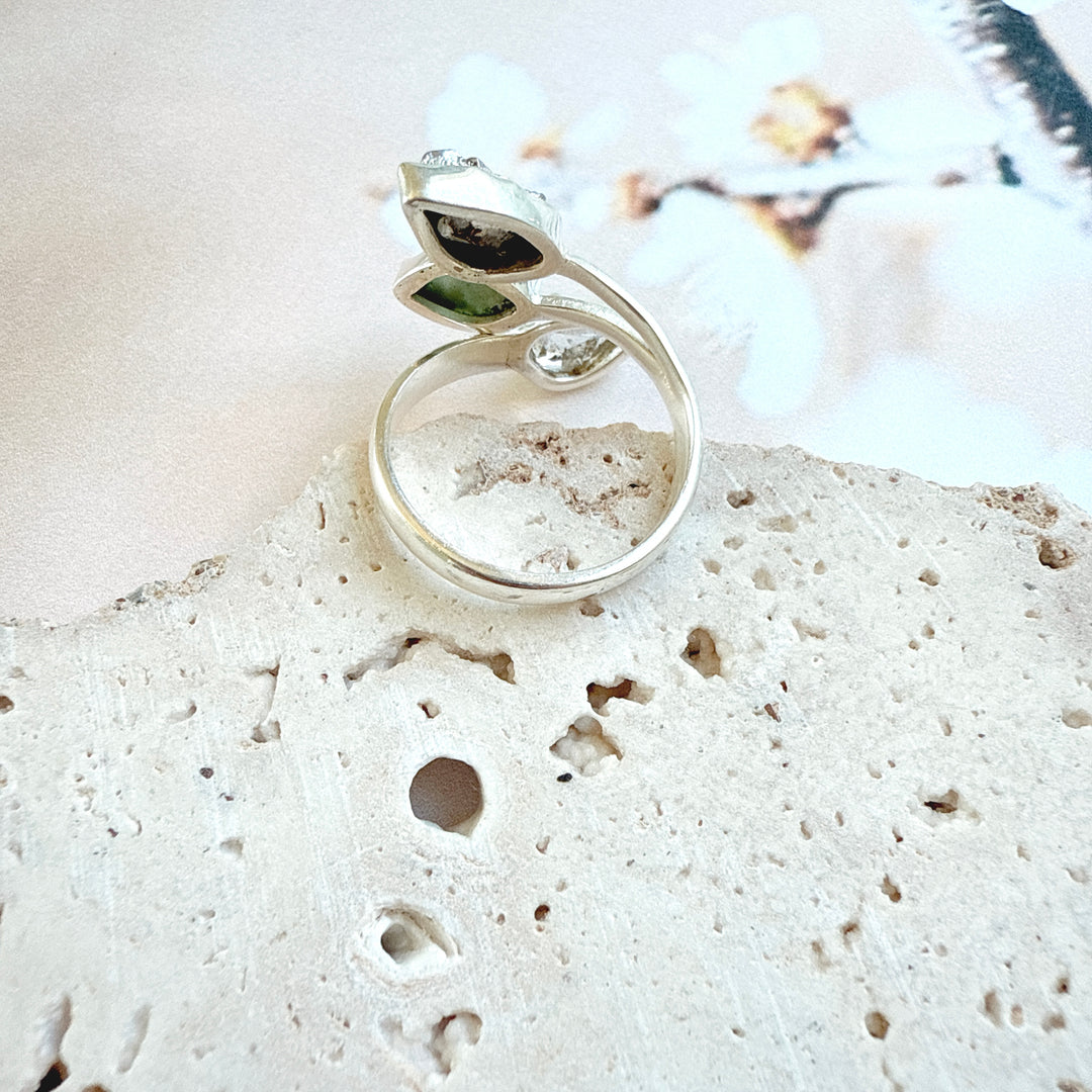 MOLDAVITE, HERKIMER DIAMOND & CAMPO DEL CIELO RING