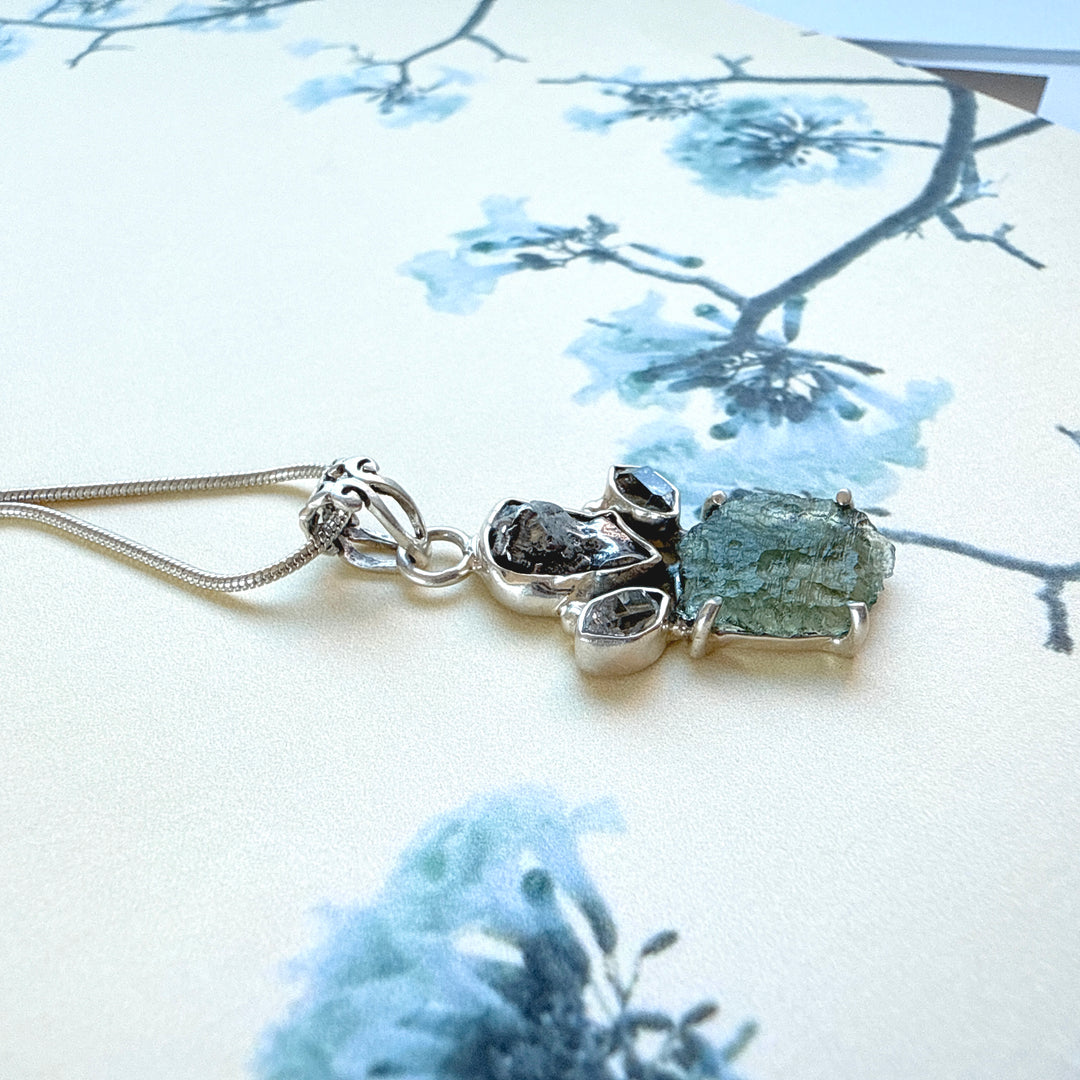 MOLDAVITE, HERKIMER DIAMOND, METEORITE CAMPO DEL CIELO PENDANT