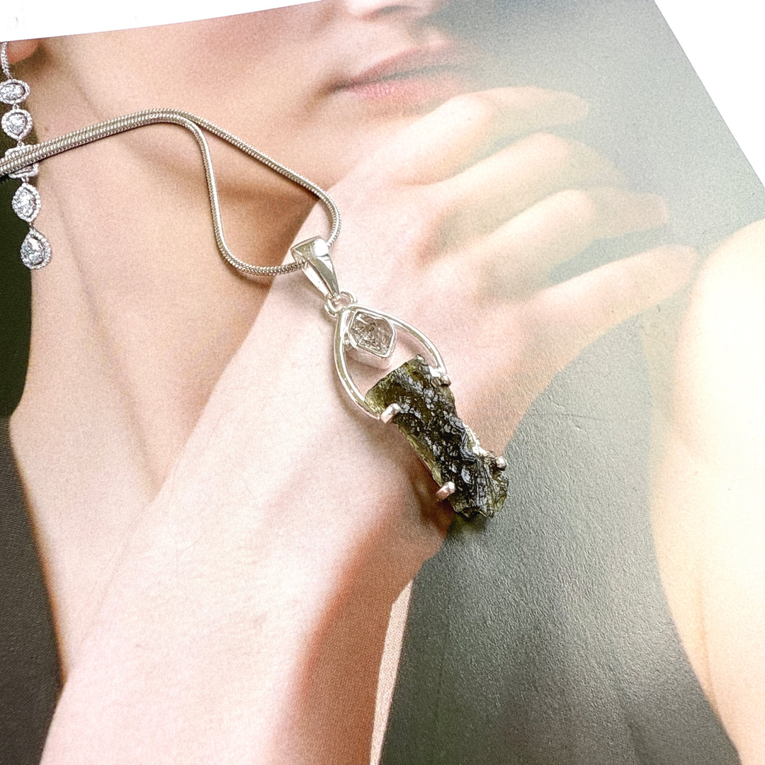 Moldavite & Herkimer Pendant