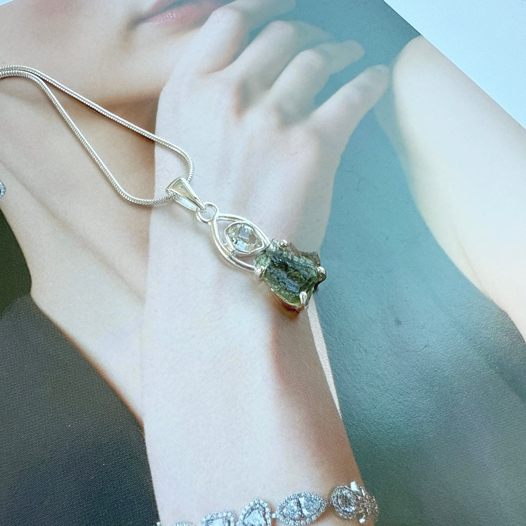 MOLDAVITE & HERKEMIR DIAMOND PENDANT