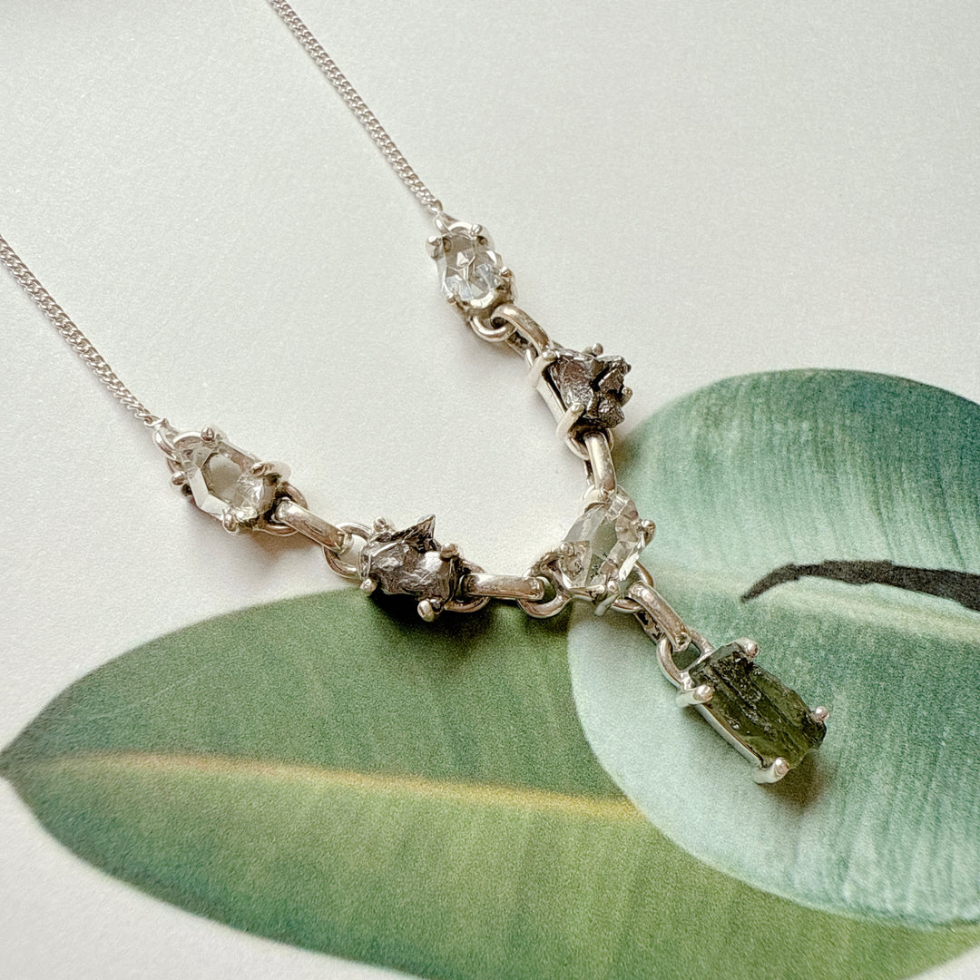 Moldavite, Herkimer Diamond & Meteorite Campo Del Cielo Necklace