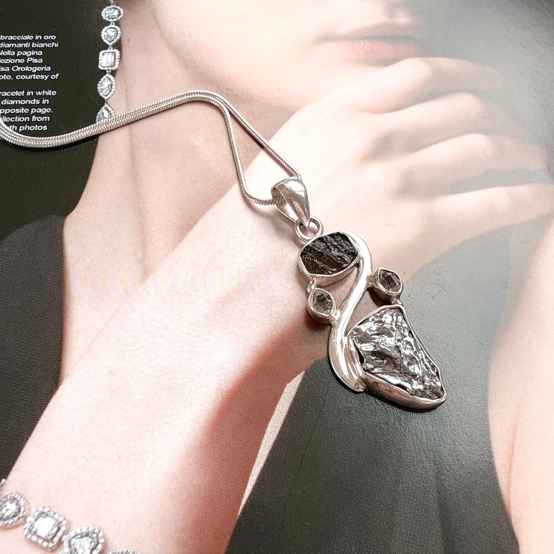 MOLDAVITE, HERKIMER DIAMOND, METEORITE CAMPO DEL CIELO PENDANT