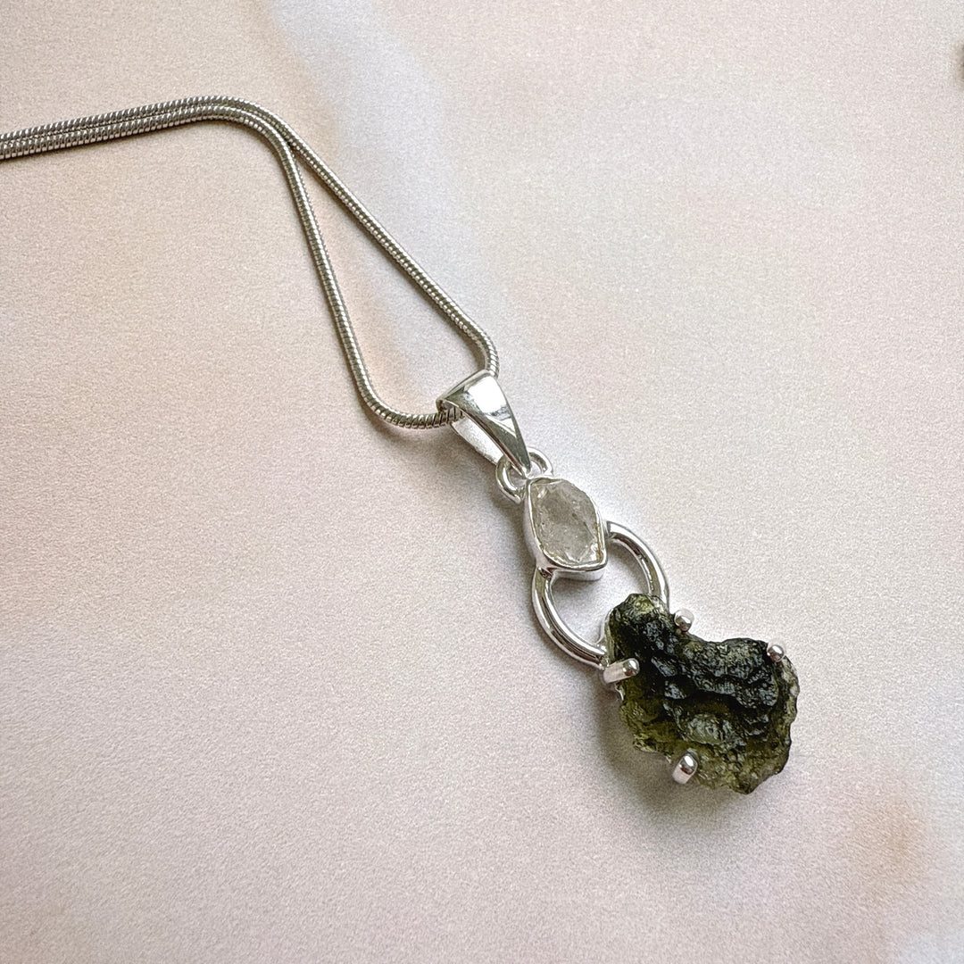 Moldavite & Herkimer Pendant