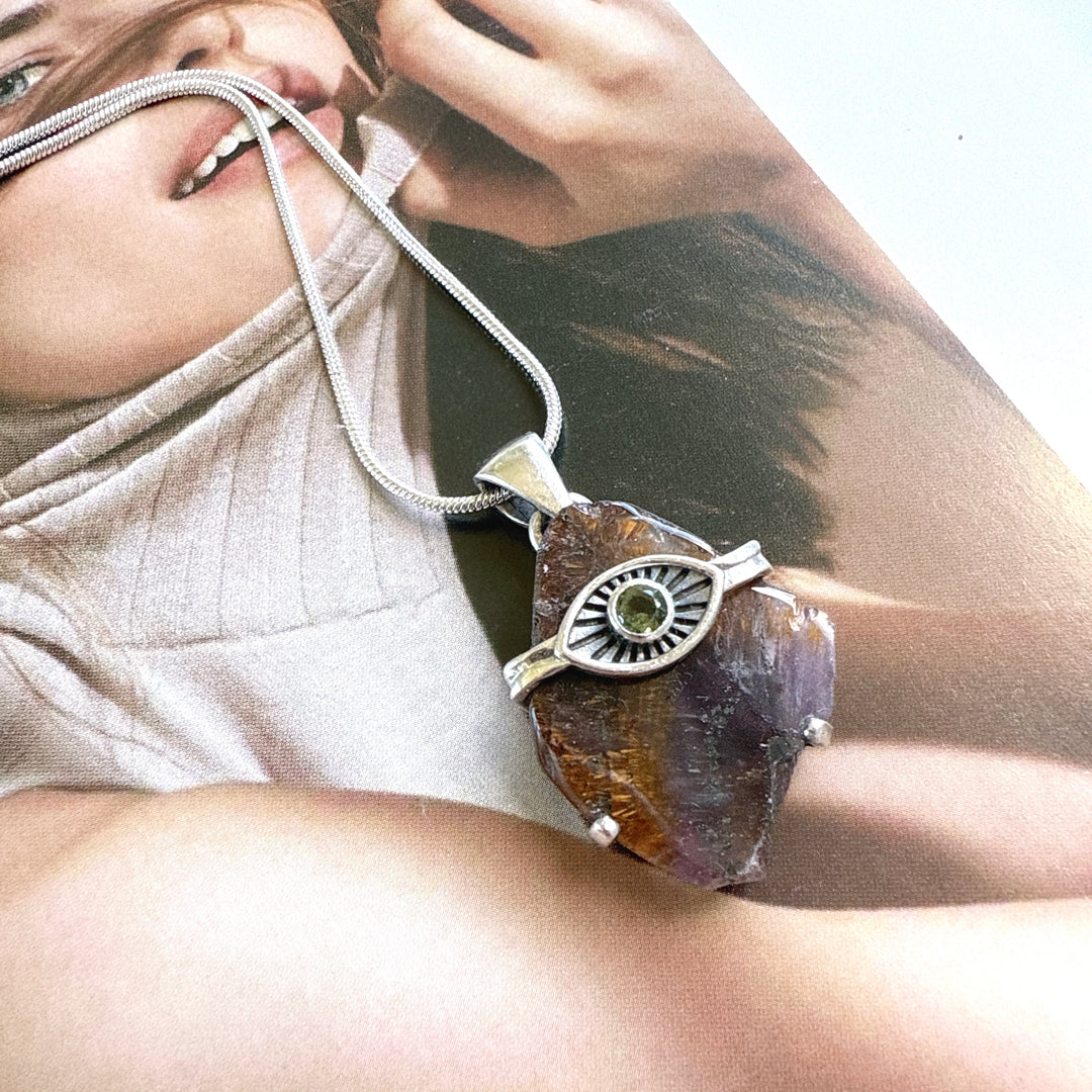 Evil Eye Pendant with Moldavite & Caxonete