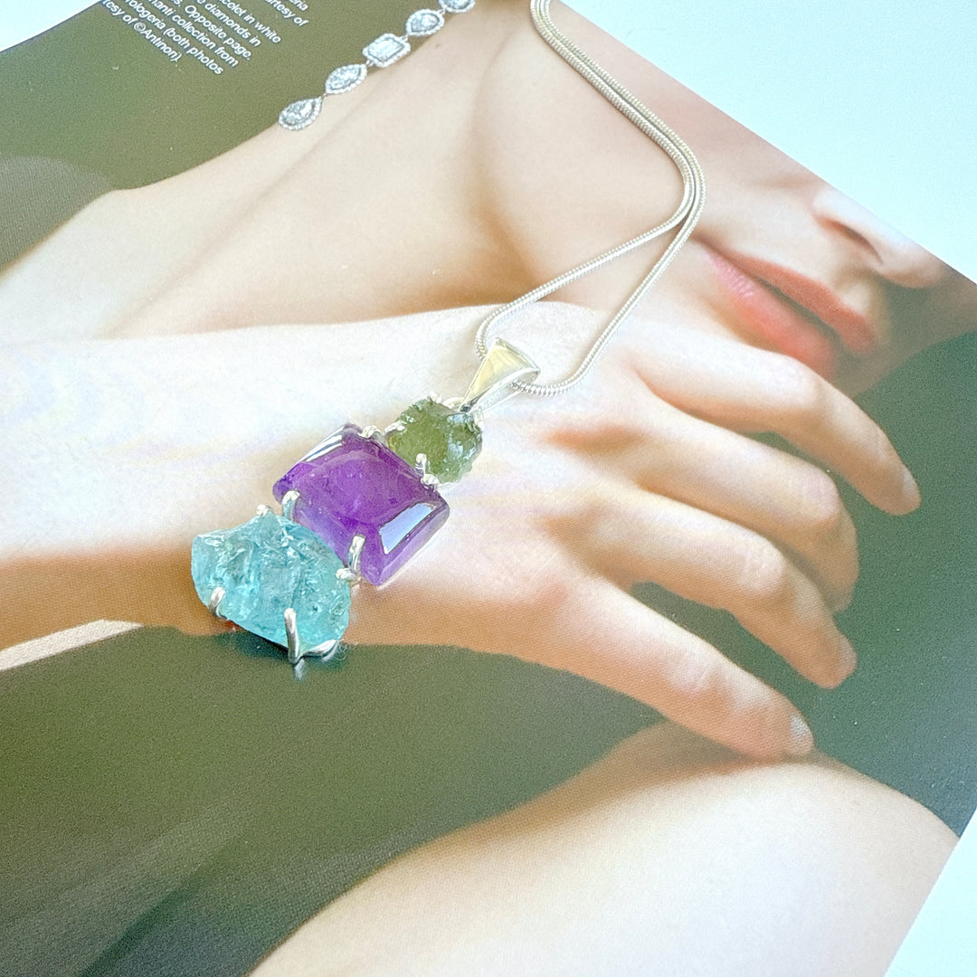 Moldavite,
Amethyst & Neon Blue Apatite Pendant