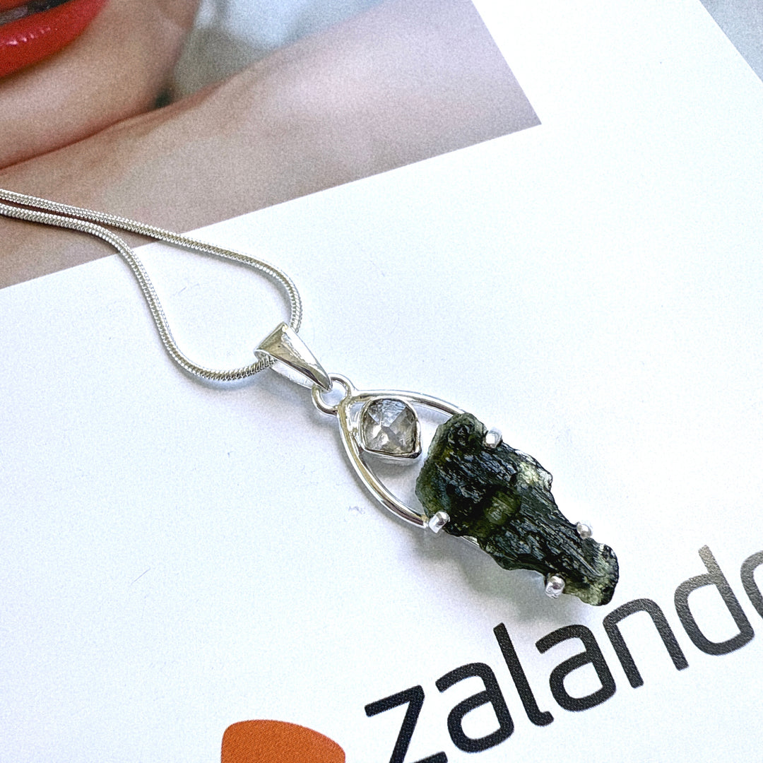 MOLDAVITE & HERKEMIER DIAMOND PENDANT