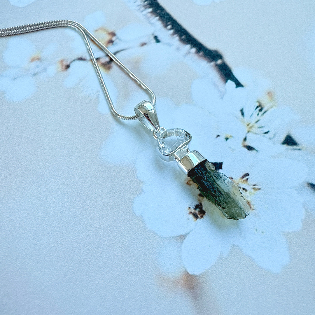MOLDAVITE & HERKEMIR DIAMOND PENDANT