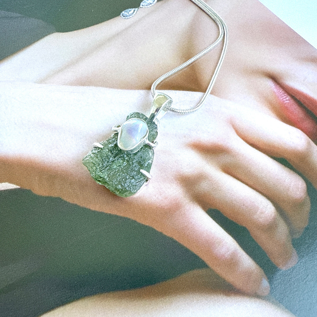 Moldavite & Ethiopian Opal Pendant