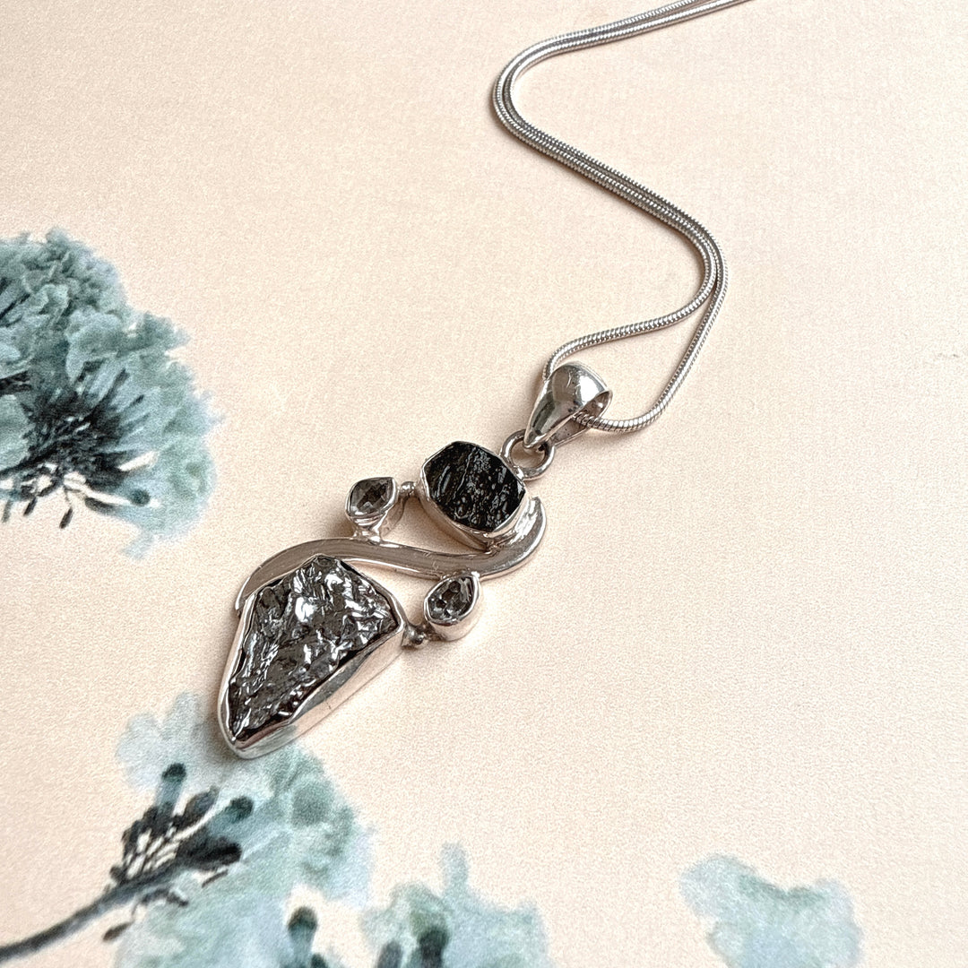 MOLDAVITE, HERKIMER DIAMOND, METEORITE CAMPO DEL CIELO PENDANT