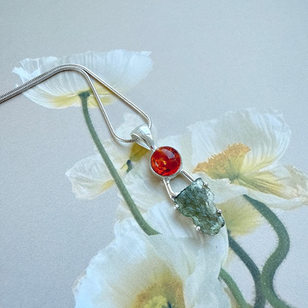 MOLDAVITE & BALTIC AMBER PENDANT