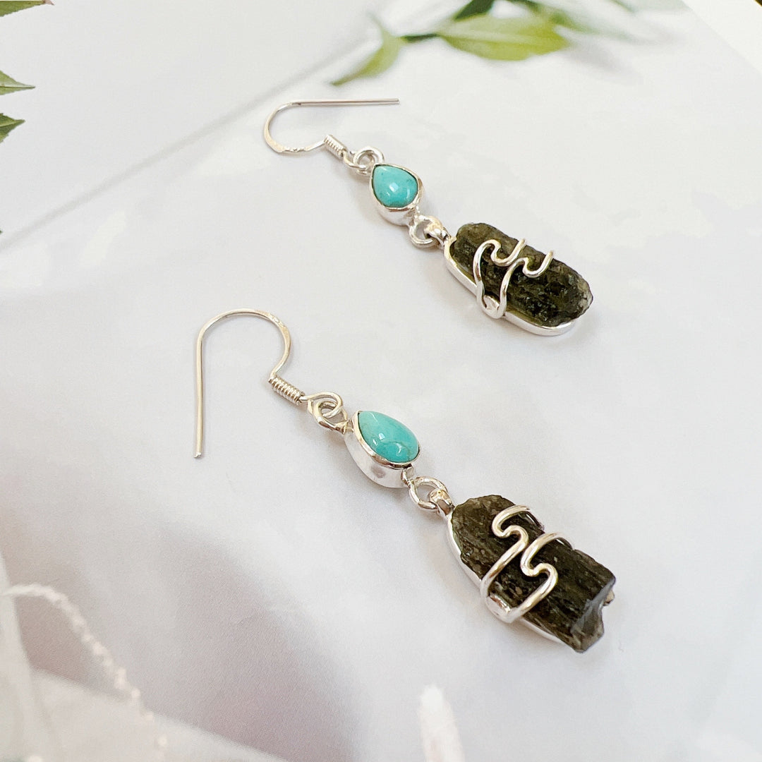 Moldavite & Blue Mohave Tq Silver Earrings