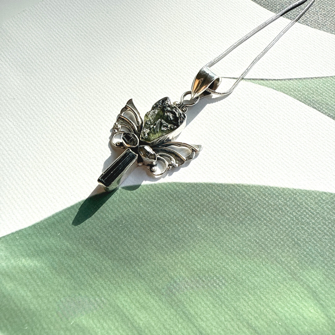 Moldavite, Herkimer Diamond & Black Tourmaline Pendant