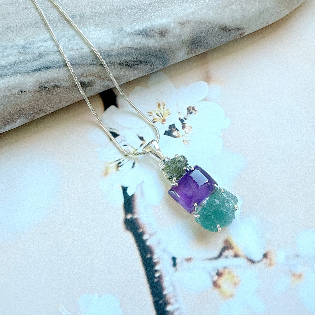 Moldavite,
Amethyst & Neon Blue Apatite Pendant