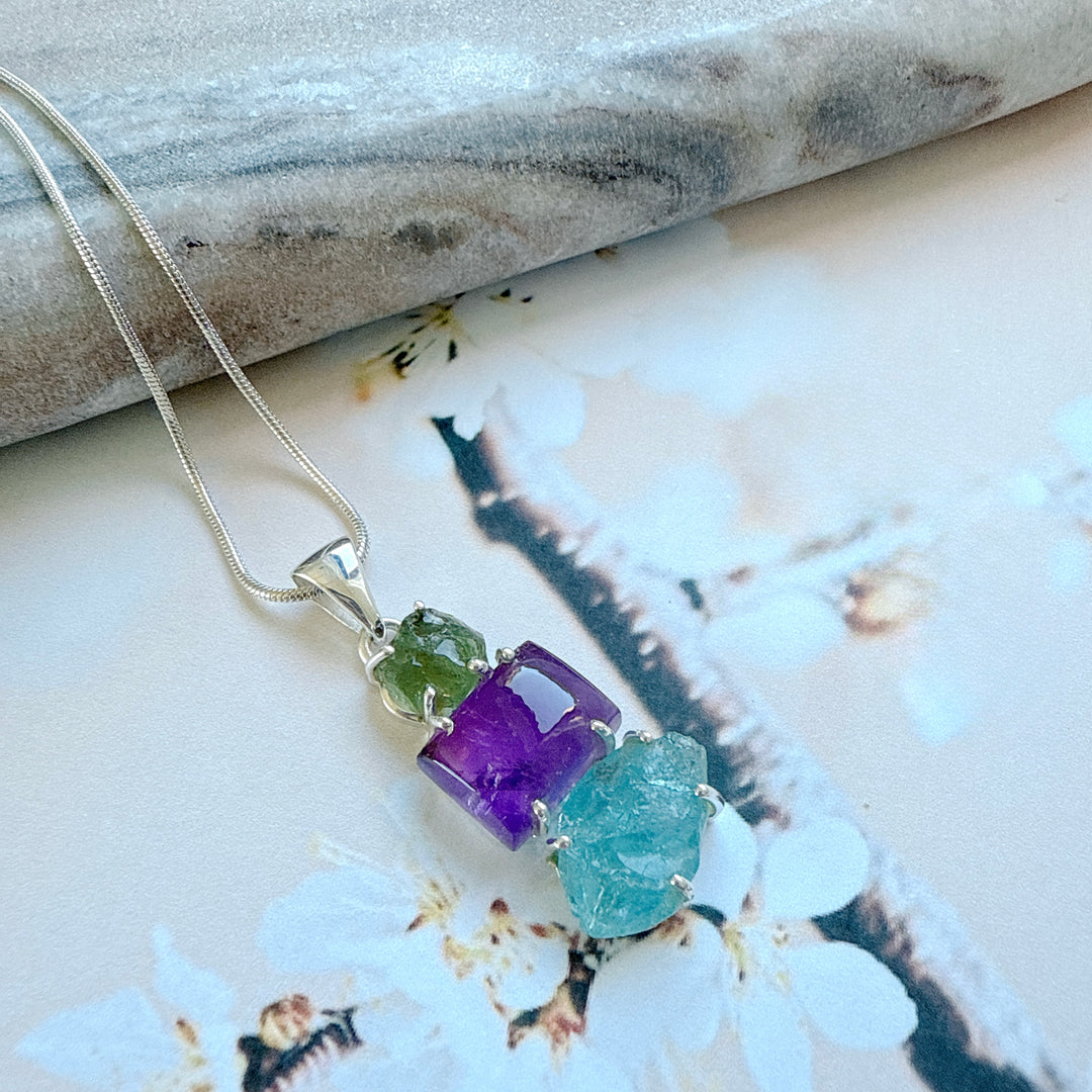 Moldavite,
Amethyst & Neon Blue Apatite Pendant