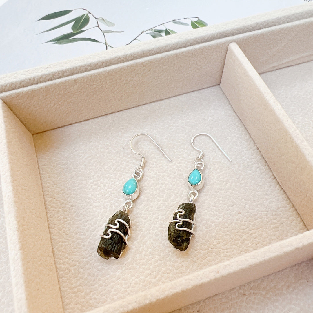Moldavite & Blue Mohave Tq Silver Earrings