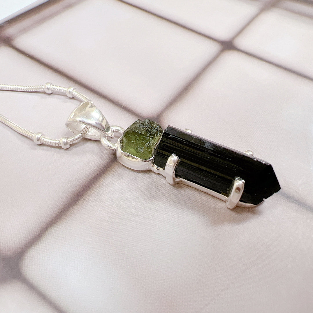 MOLDAVITE & BLACK TOURMALINE PENDANT