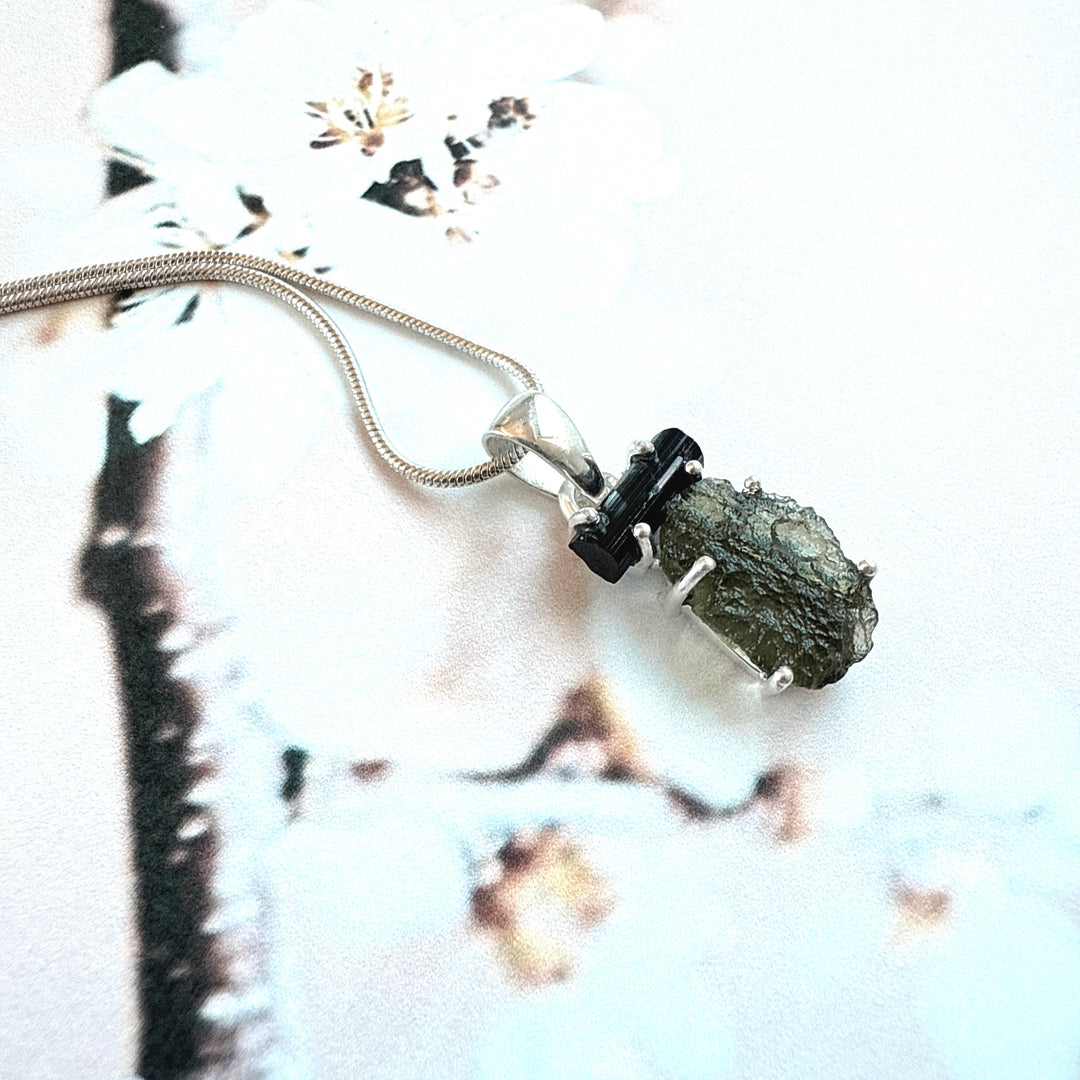 MOLDAVITE & BLACK TOURMALINE PENDANT